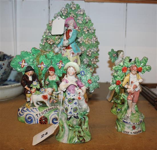 Derby bocage group, lady with greyhound & five smaller Staffordshire bocage groups (all a.f)